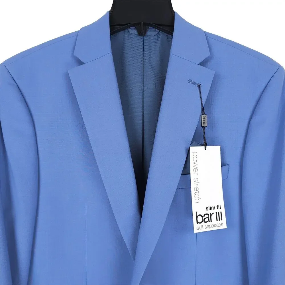 Bar III Mens Slim Fit Suit Jacket Blazer 46R Light Blue Solid Power Stretch Wool
